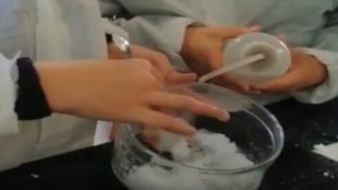 Els alumnes afegint aigua a les fibres del bolquer
